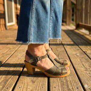 Sven Diamond Strap Clogs Peep Toe High Heel Wooden Sandals Gray Green EU 41 11